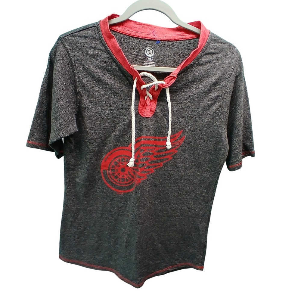 NHL Detroit Red Wings Shirt Large 12/14 Grey Red Lace Up Neck Hockey Fan Apparel